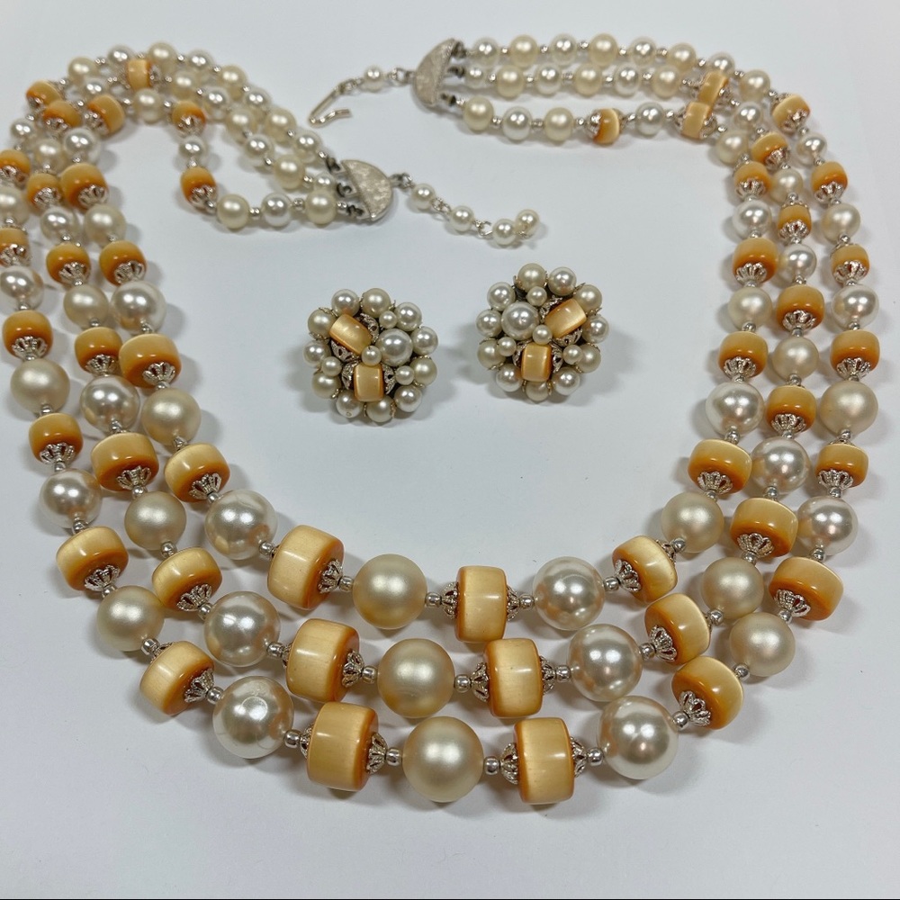 Vintage Cream Faux Pearl & Ombré Caramel Moonglow Bead Necklace and Earrings Set